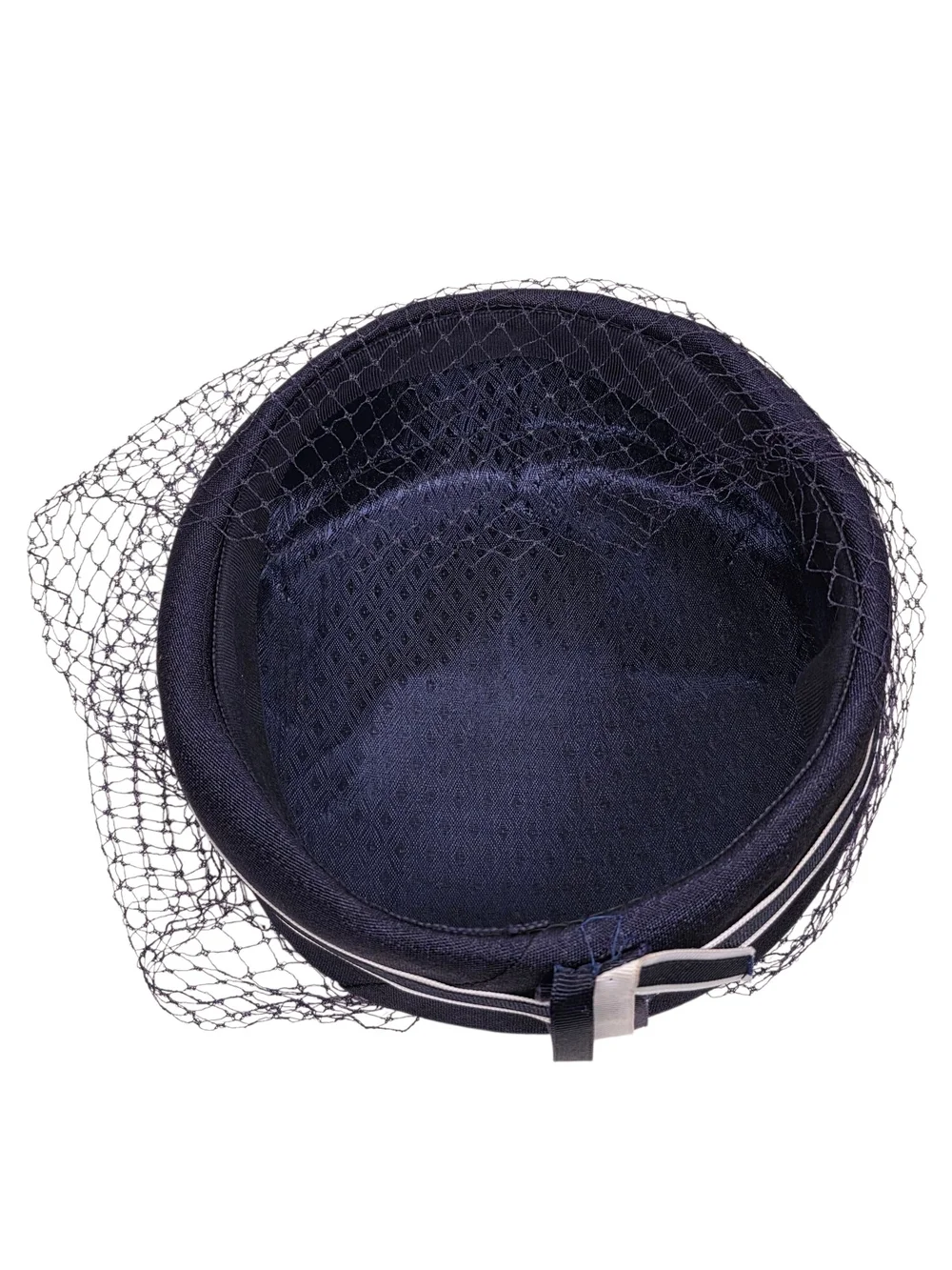 Vintage 1960s Navy Blue Pillbox Hat Veil Netting Bow Union Made USA Mid Century